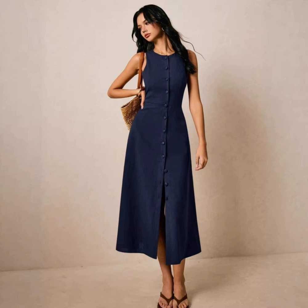 Zara Sleeveless Single Breasted Long Dress with Tie Belt